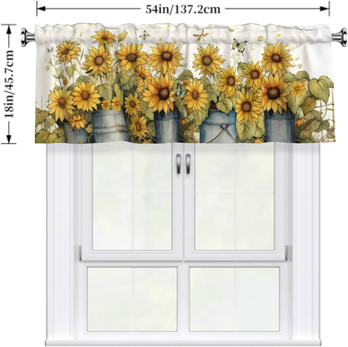 Sunflower window valance featuring yellow flowers over blue bucket jars with green leaves
