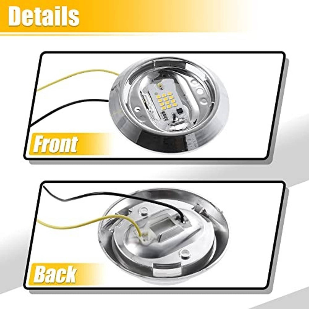 Front and back views of round chrome LED dome light base with clear lens