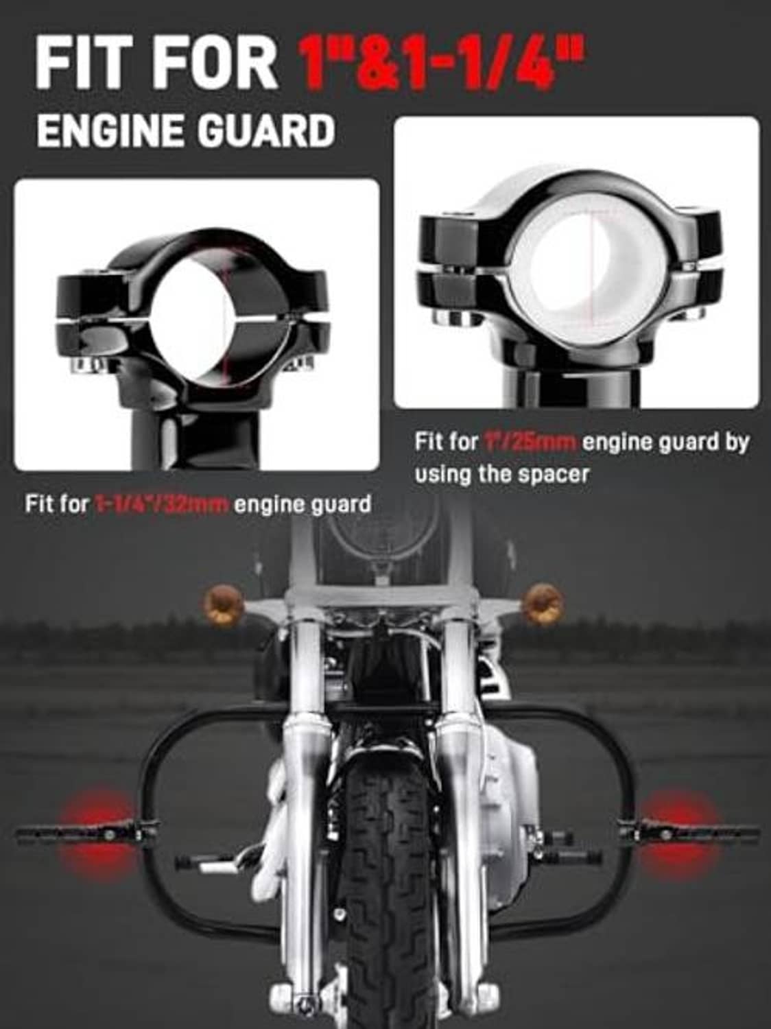Black highway footpeg mounts with round clamp rings for engine guard fitment
