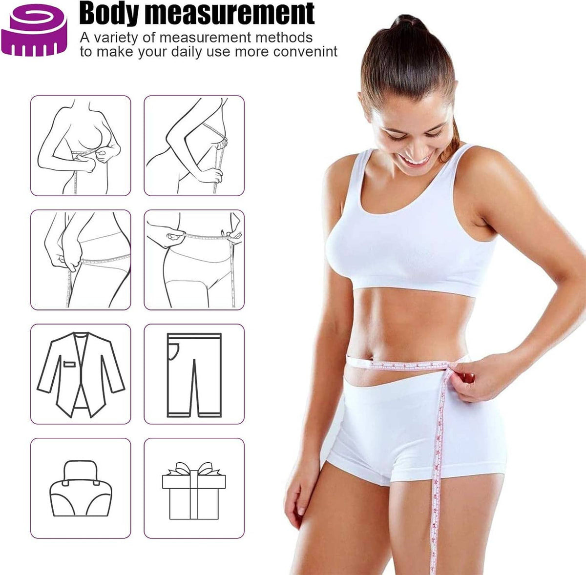 Retractable measuring tape used on waist with white tape and pink reel