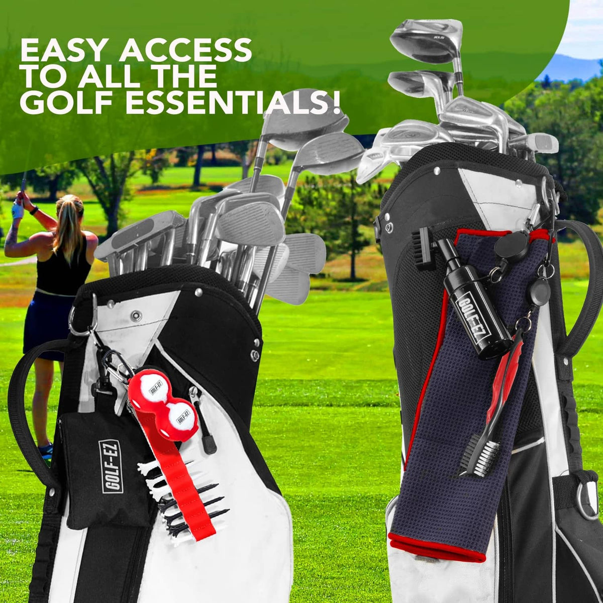 Golf bag accessory kit featuring attached ball markers and club cleaning tools