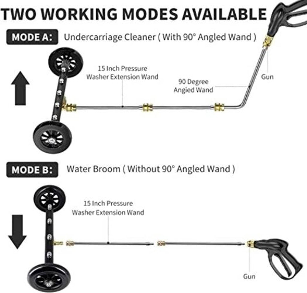 Two-mode undercarriage cleaner and water broom attachment with angled and straight wands