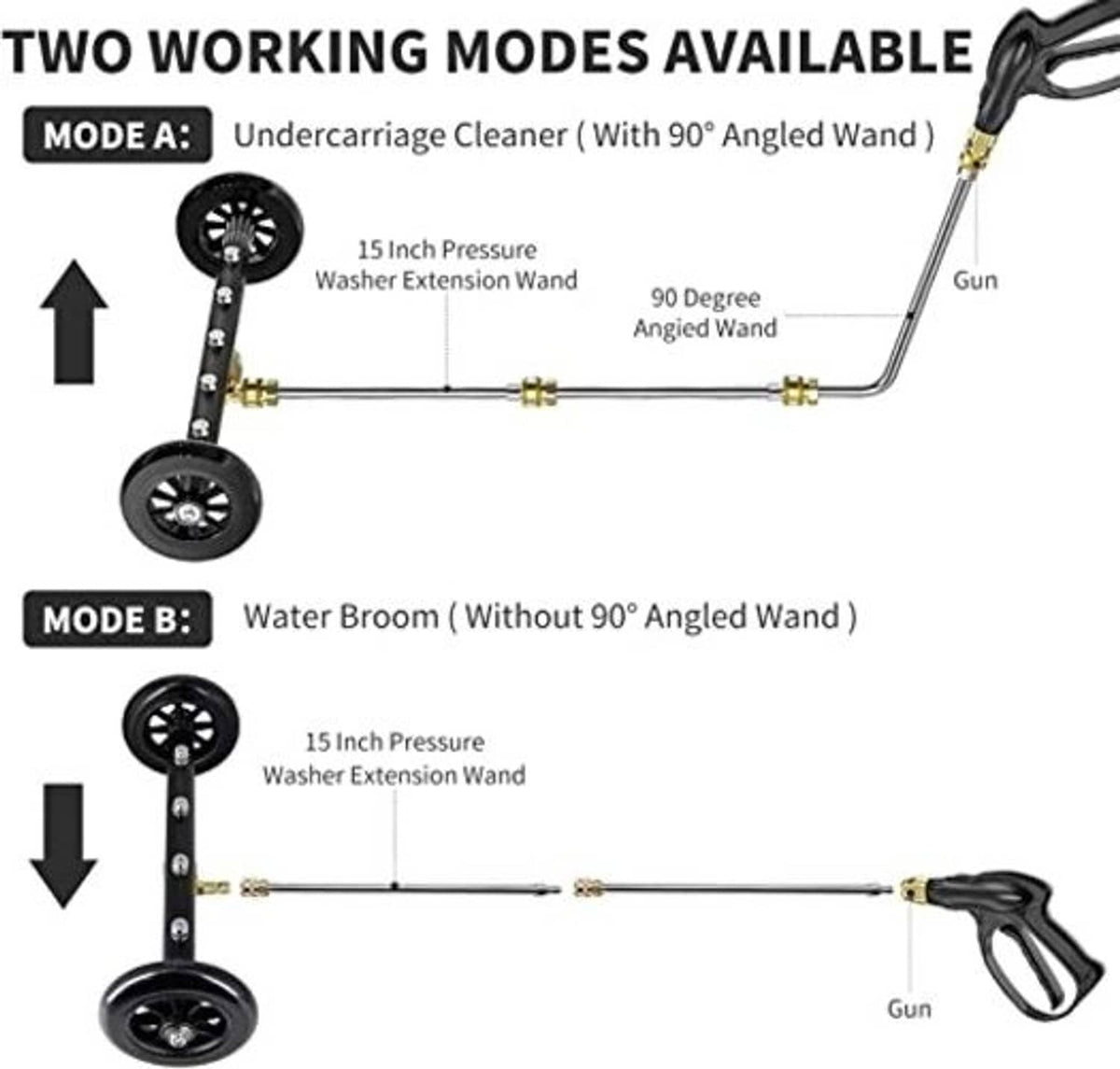 Two-mode undercarriage cleaner and water broom attachment with angled and straight wands