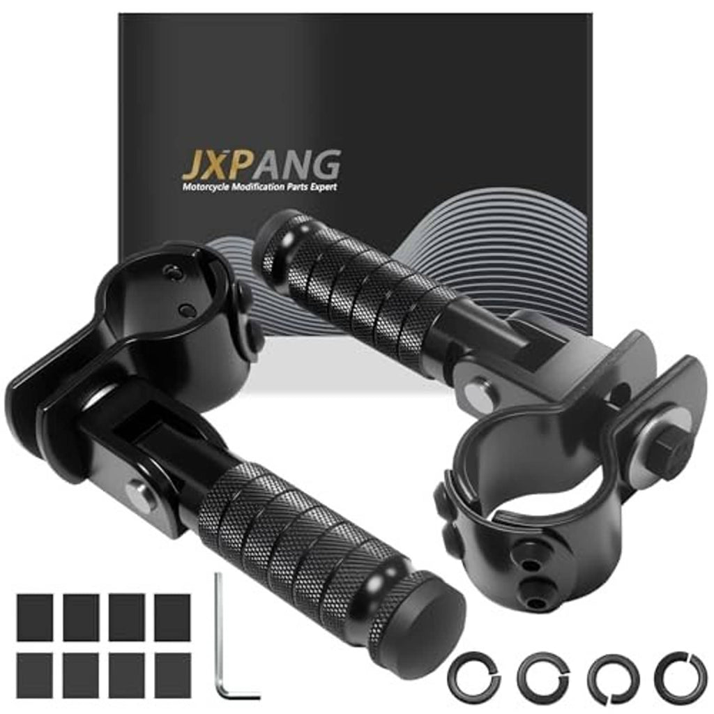 Black folding motorcycle rearset footrest set with textured rubber grips and circular clamps.