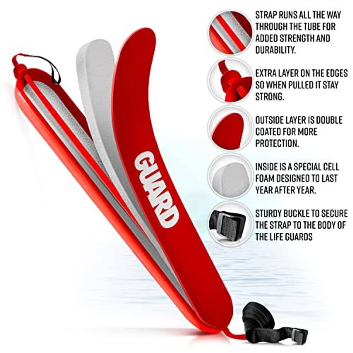 Red rescue tube with GUARD lettering and black webbing straps with buckle