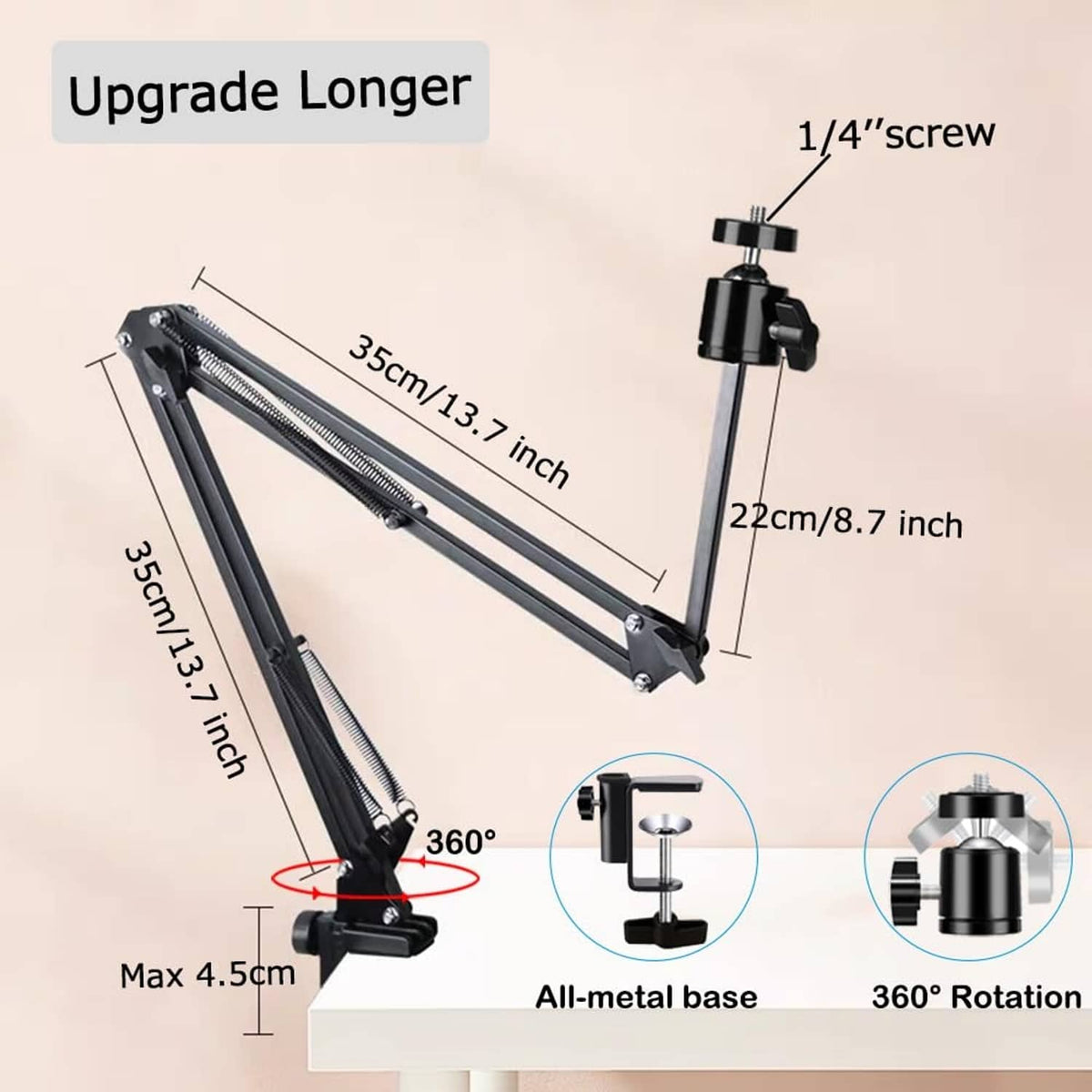 Black overhead tripod mount with 360° rotation ball head and 1/4 screw
