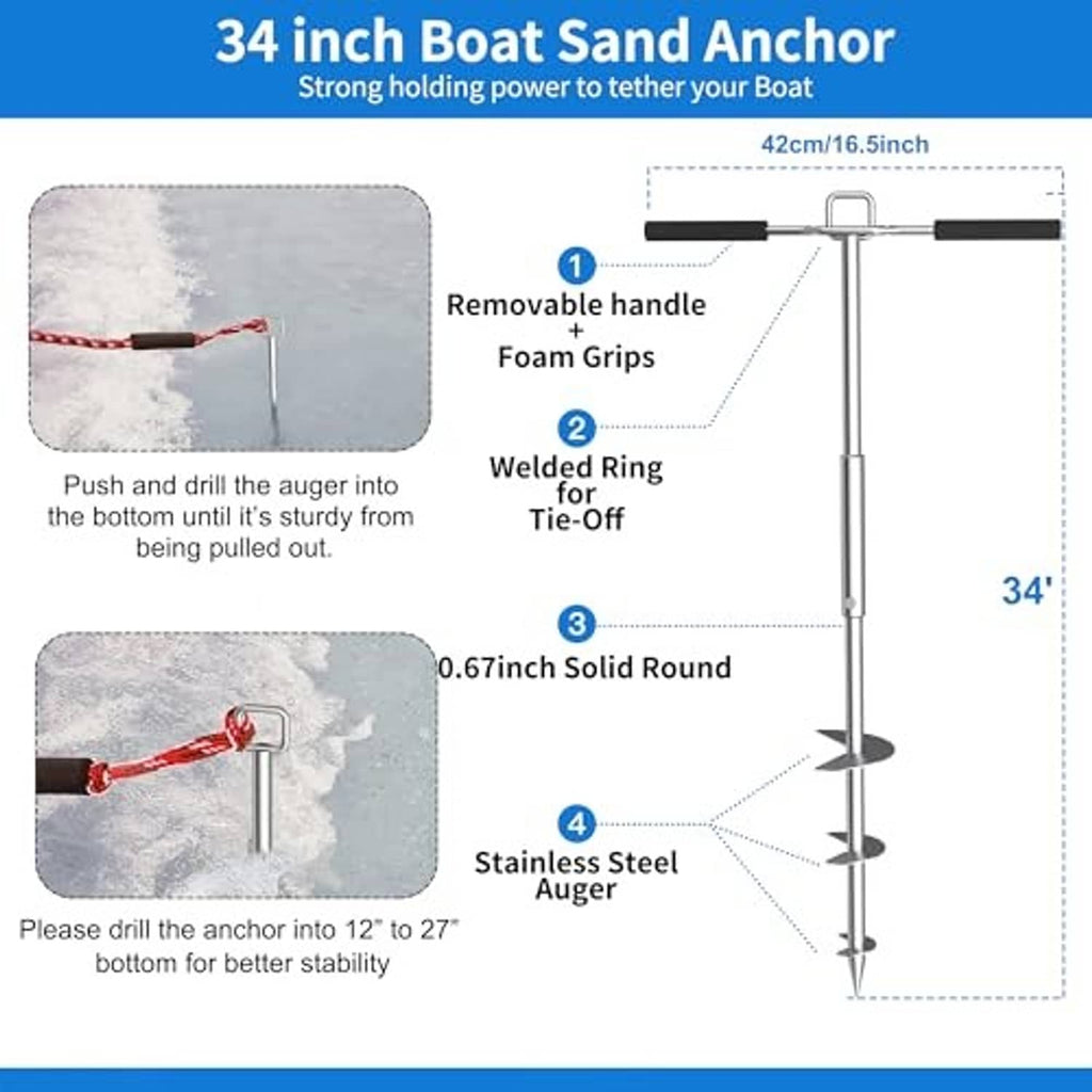 Boat sand anchor diagram with removable handle, foam grips, welded ring, and stainless auger