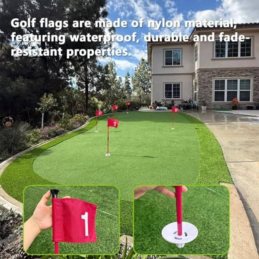 Red golf practice flag with numbered banner and white base cup for placing on turf
