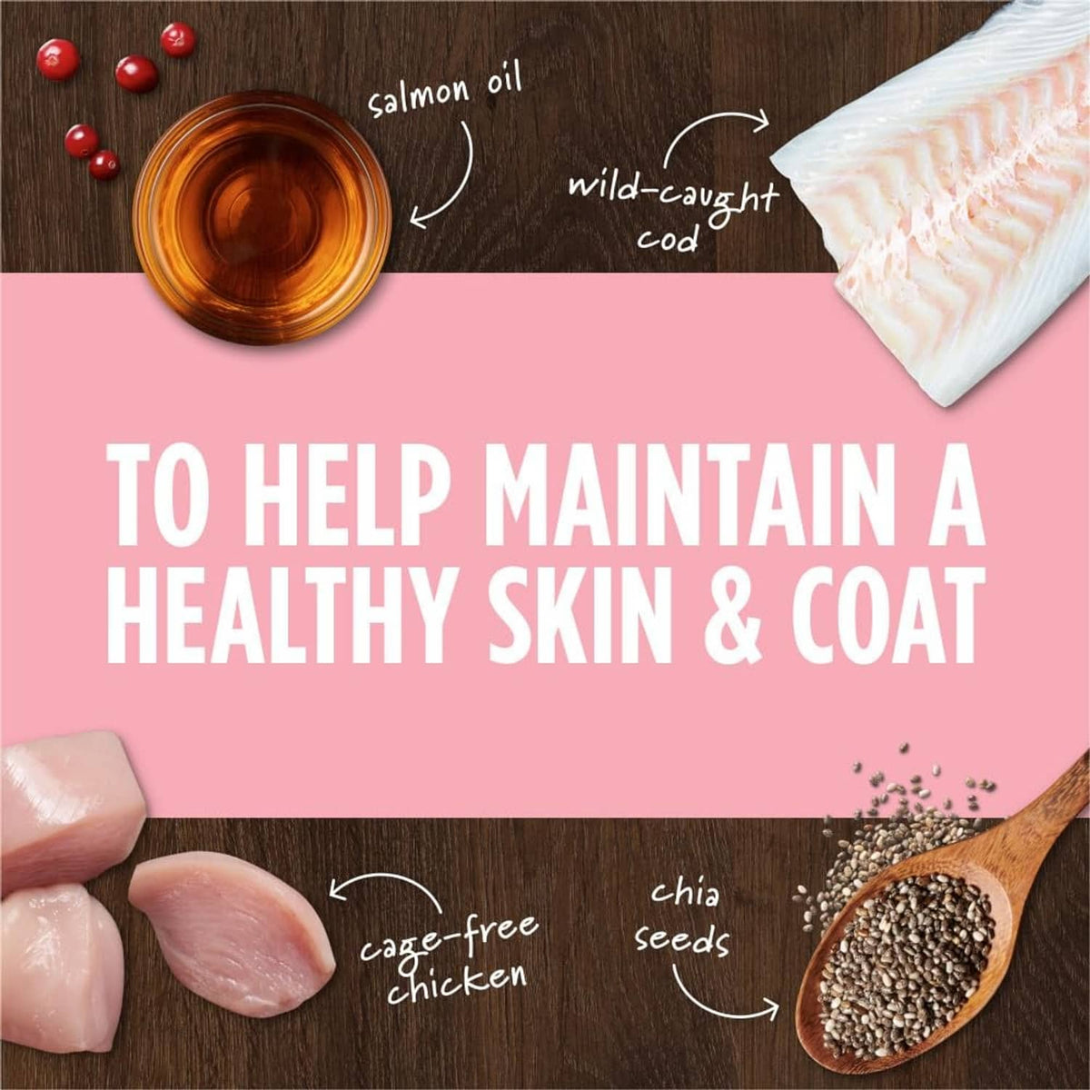 Dog food topper ingredients shown: salmon oil, freeze-dried pieces, and wild-caught cod