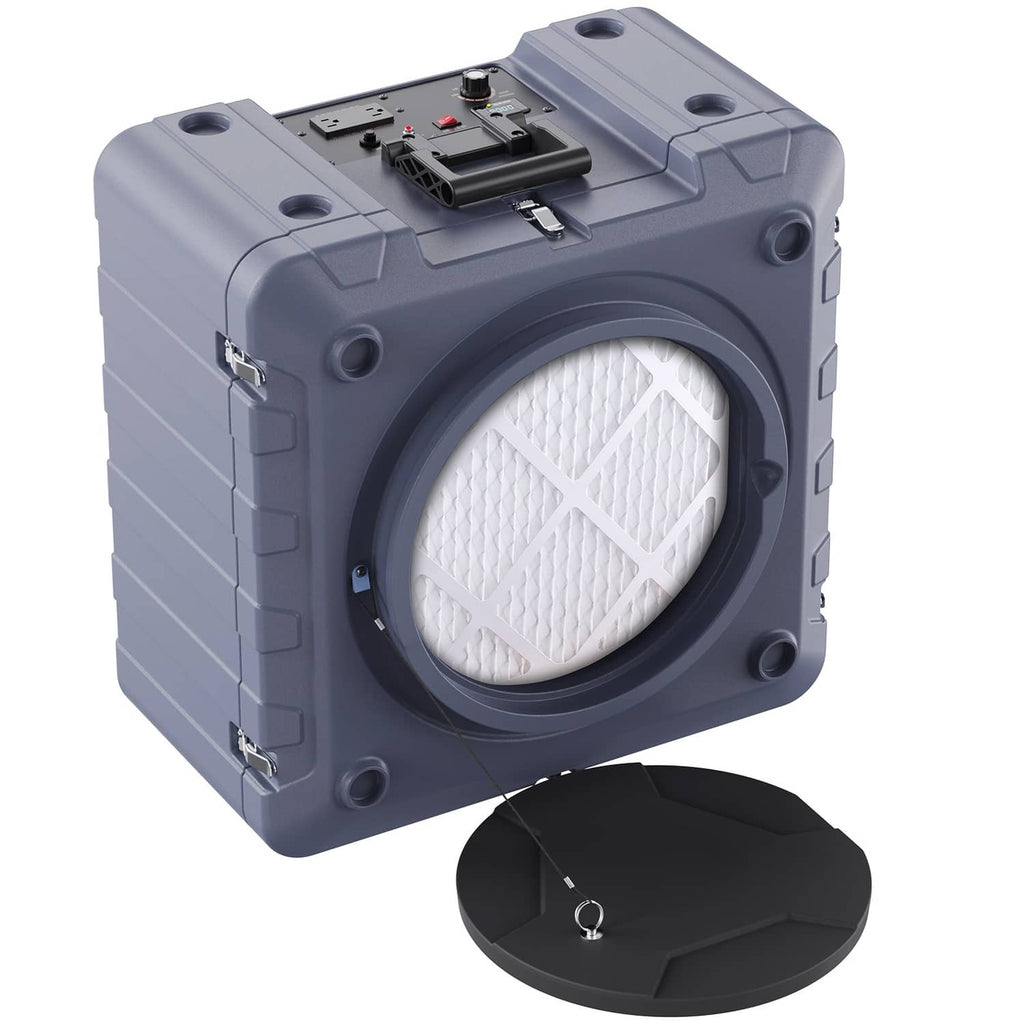 Gray negative air HEPA scrubber with front filter and top control components