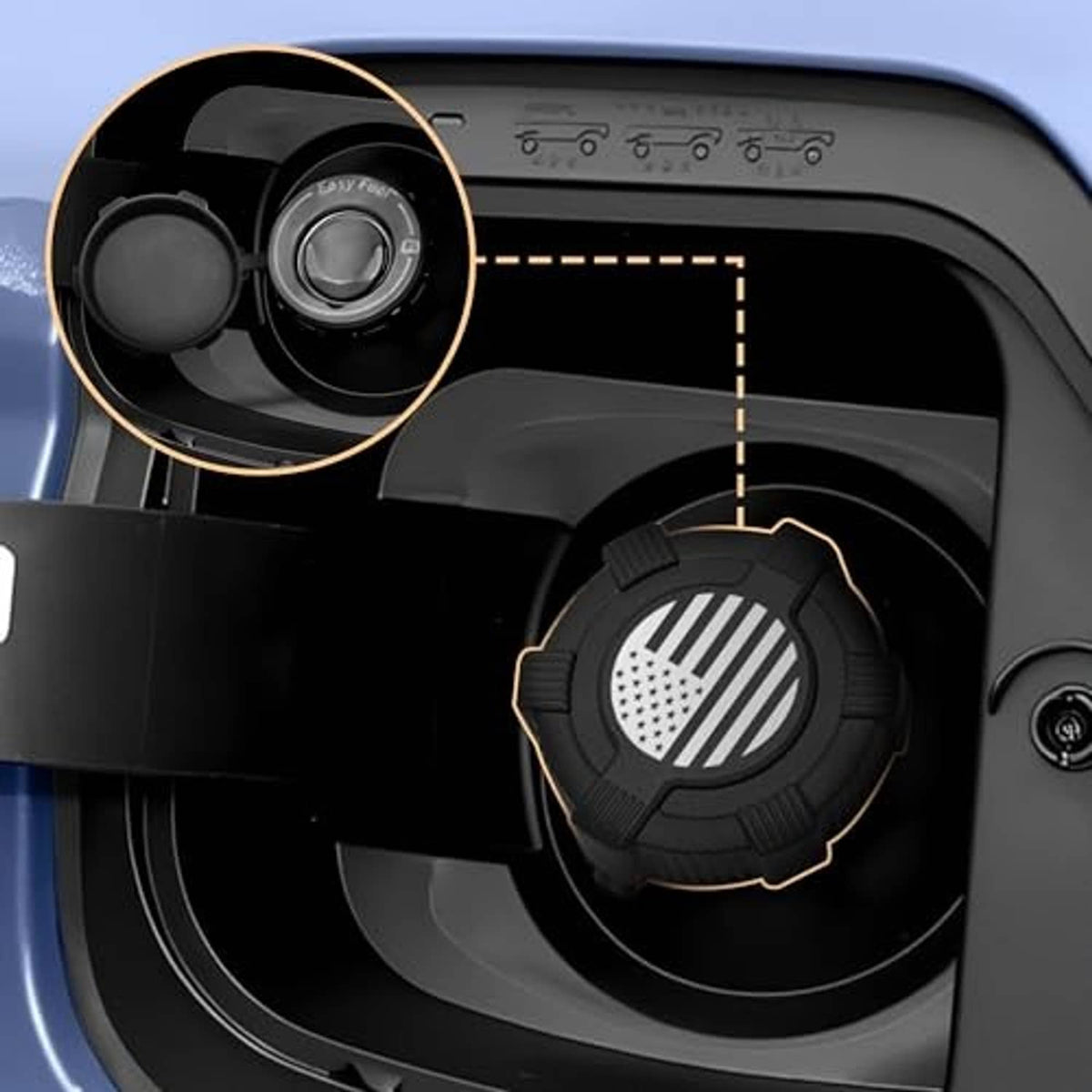 Black fuel tank dust cap with U.S. flag emblem, highlighted in the filler compartment