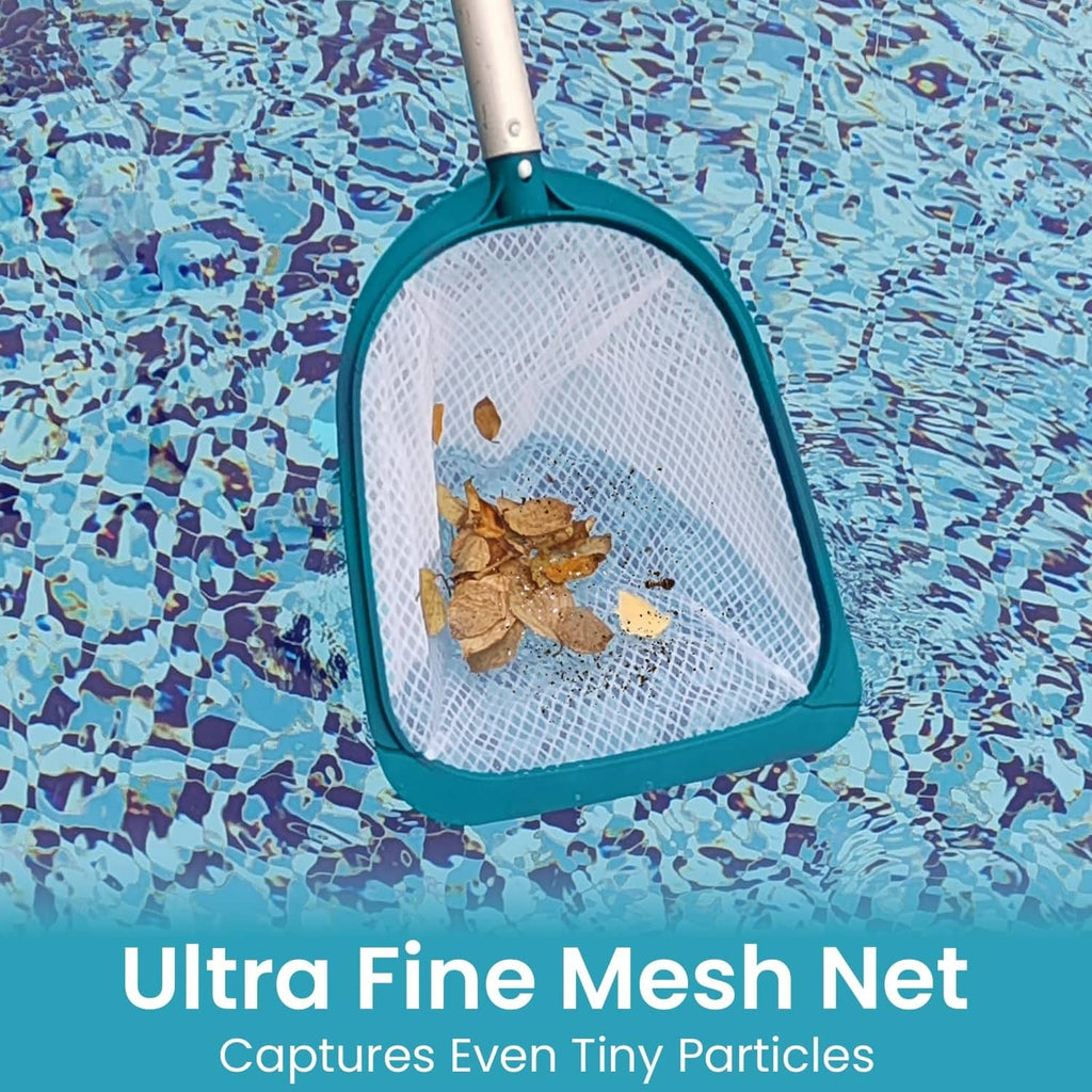 Teal and white ultra-fine mesh skimmer net floating with leaves inside