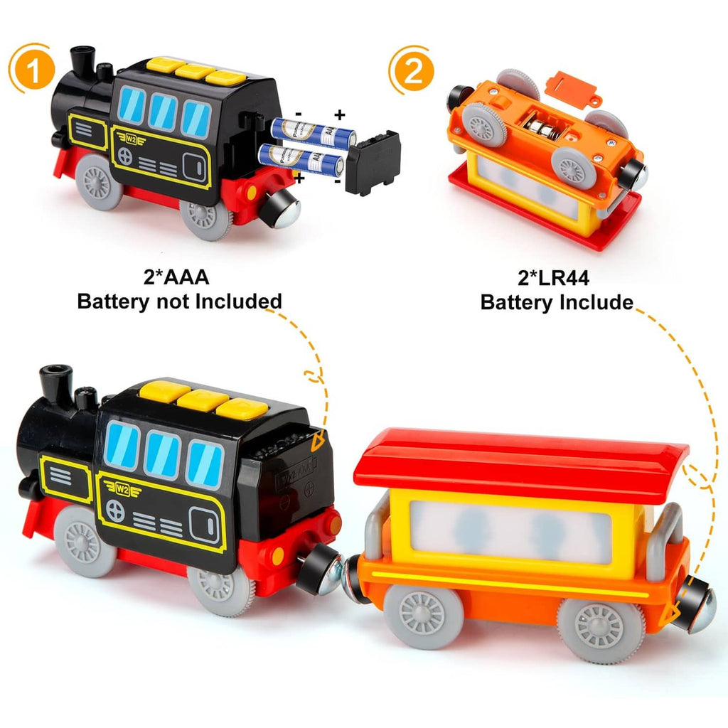 Black locomotive and orange passenger car on wooden track with coupler and wheels