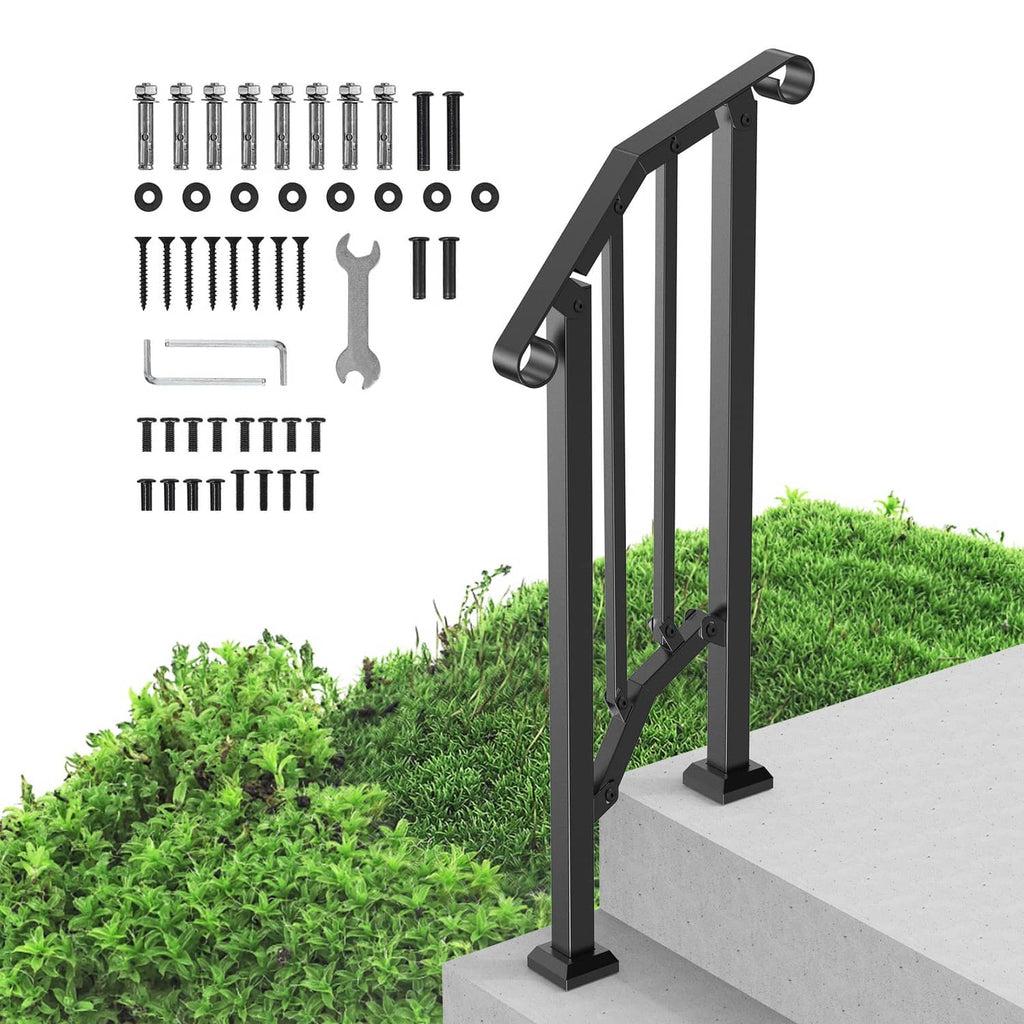 Black outdoor step handrail with rounded-top posts and horizontal support brace.