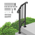 Black outdoor step handrail with rounded-top posts and horizontal support brace.