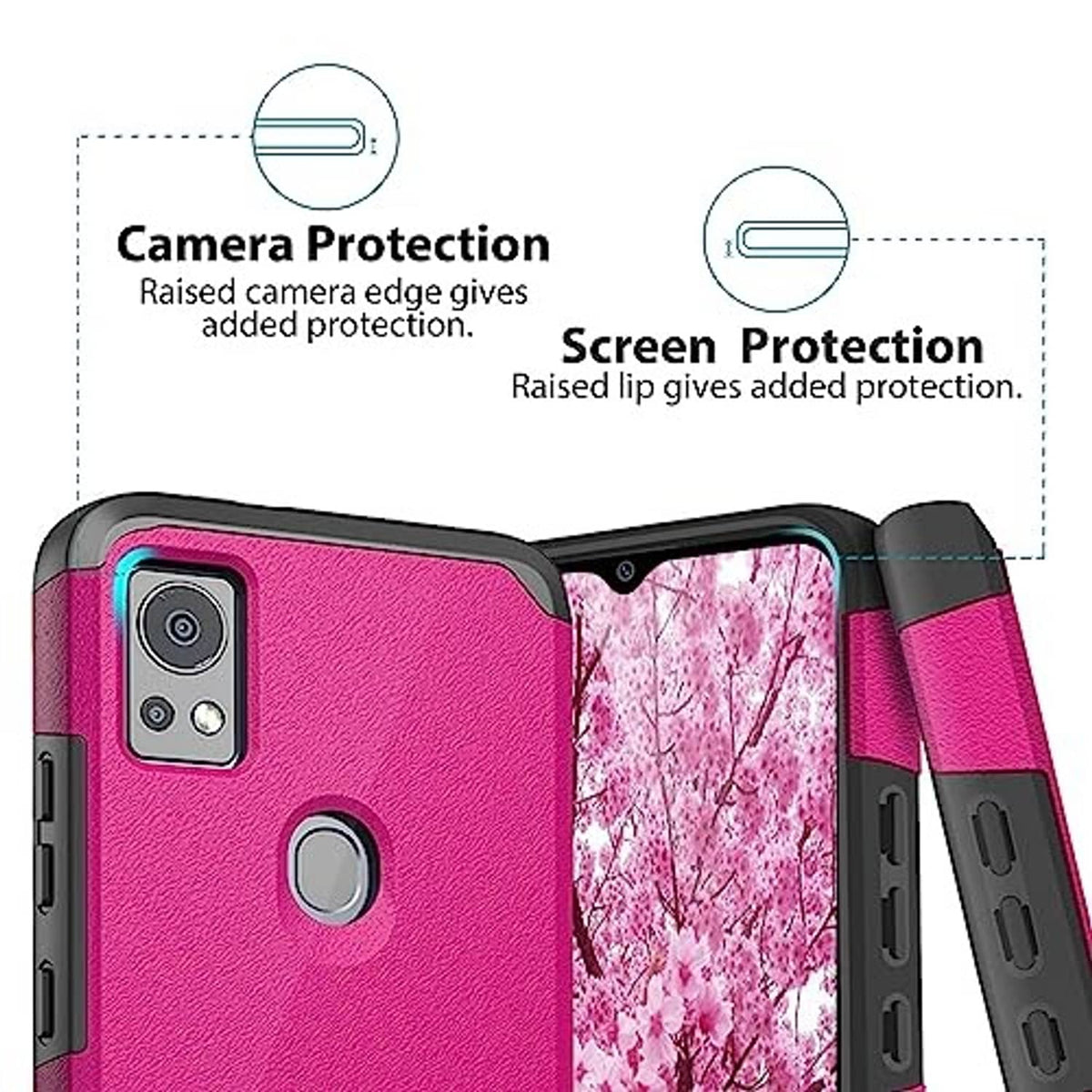 Pink rugged phone case with raised camera and screen edges plus screen protector