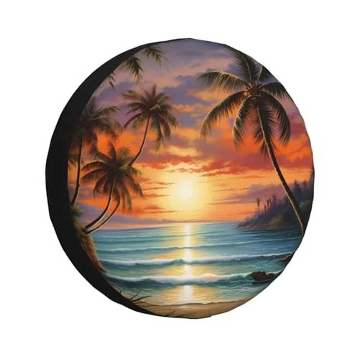 Spare tire cover showing ocean waves at sunset with palm tree graphics and black trim
