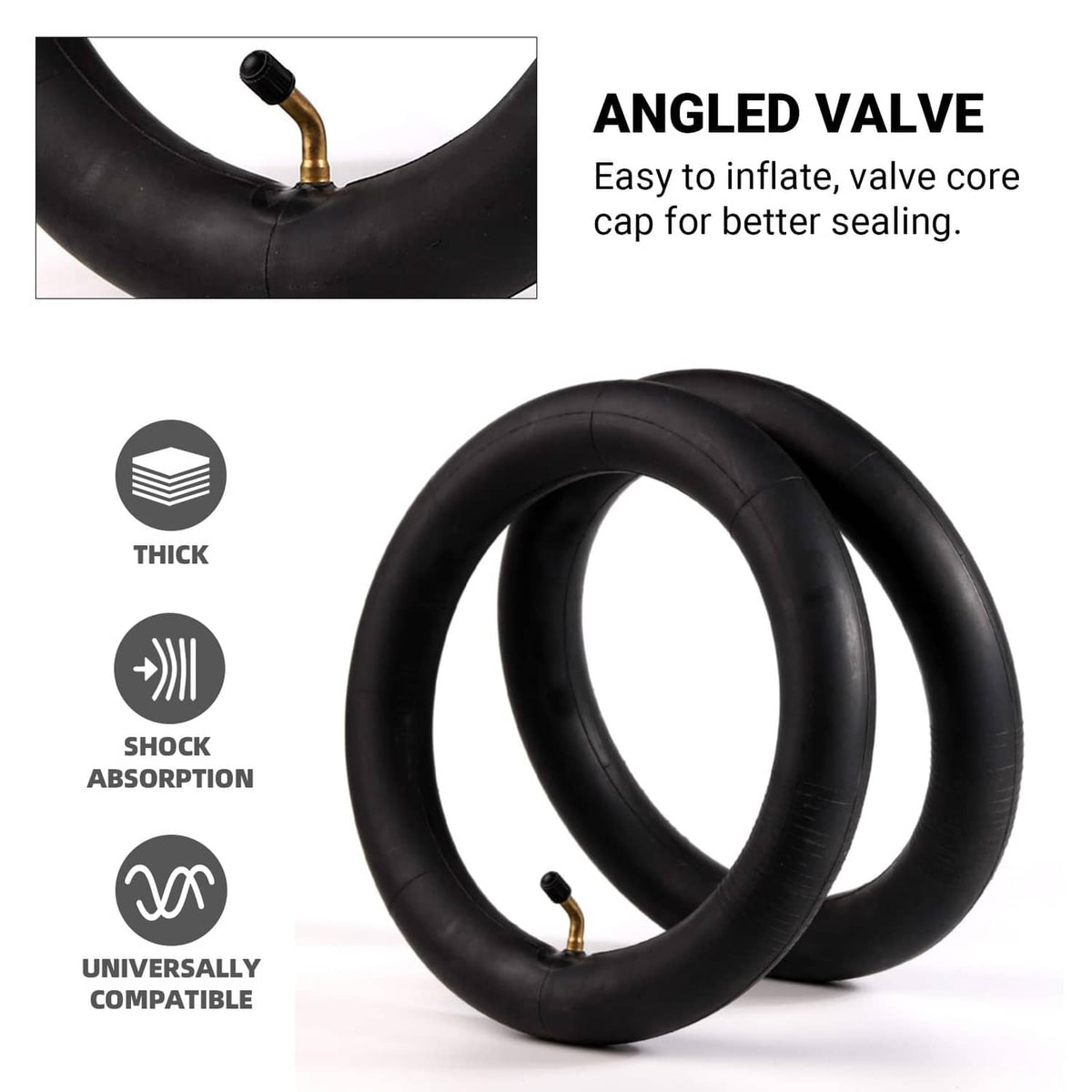 Pair of black scooter inner tubes with angled valve stems and thick shock-absorbing design