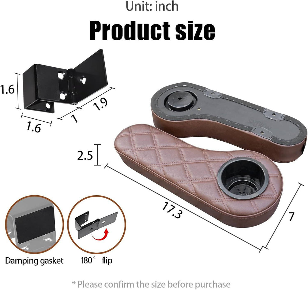 Brown quilted armrest cover with round cup holder cutout and size guide