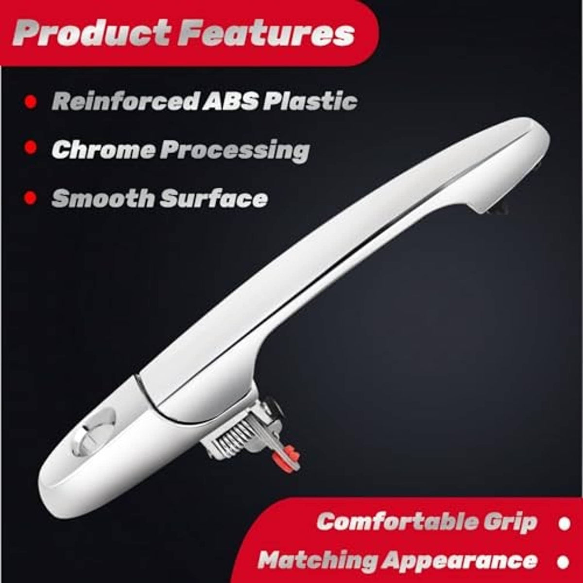 Chrome exterior door handle for front left driver side, smooth ABS plastic body