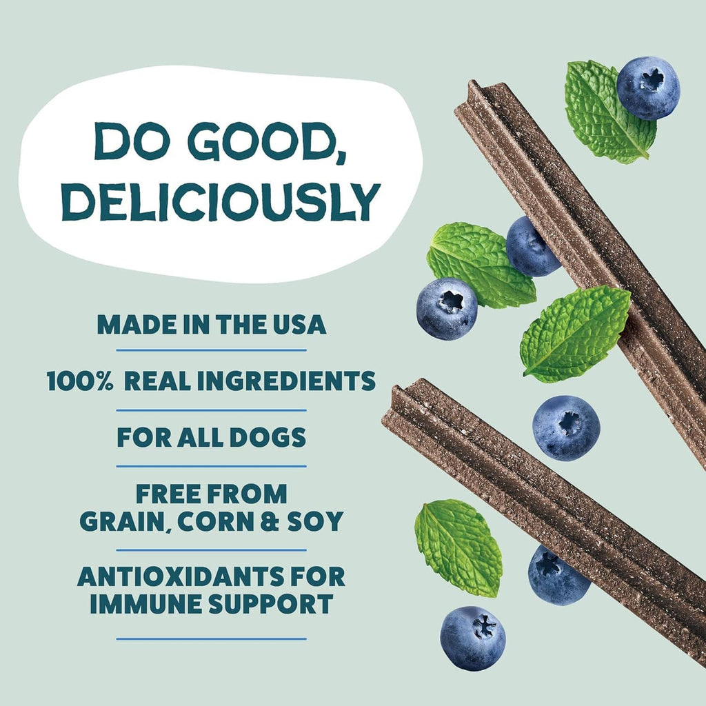 Front of dog dental chew bag with blue text and pictured chew sticks, blueberries, and mint.