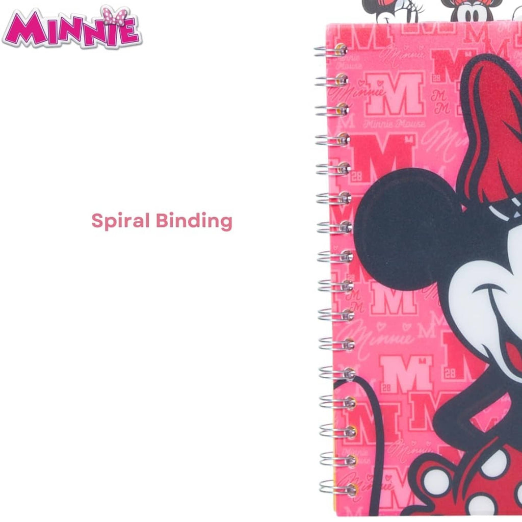 Minnie Mouse spiral binding on pink vinyl notebook cover, showing metal rings.