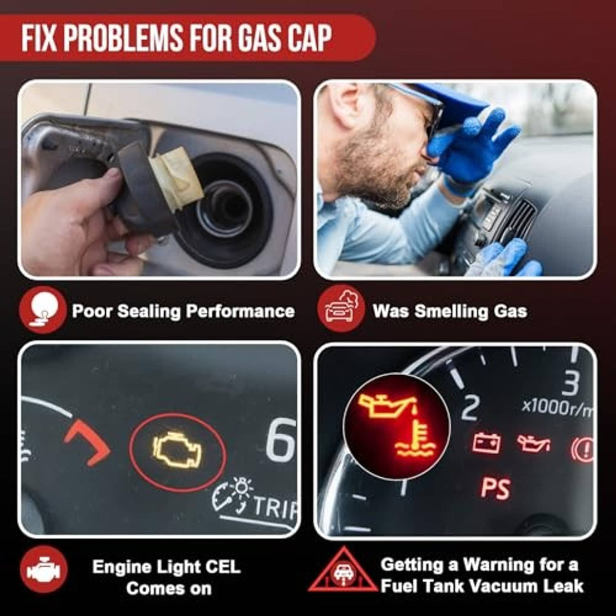 Yellow fuel cap with sealing problem icons and engine light warning symbols