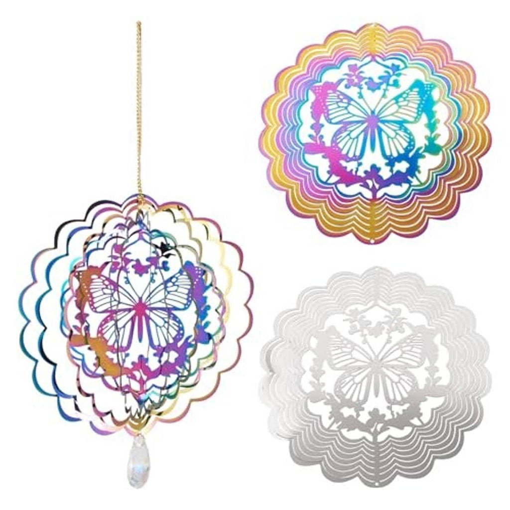 Hanging butterfly wind spinner with rainbow layered disc and matching gray disc set