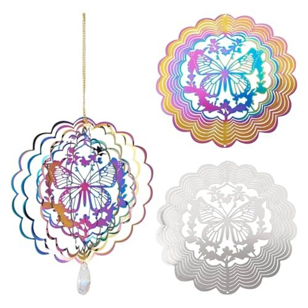 Hanging butterfly wind spinner with rainbow layered disc and matching gray disc set