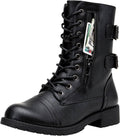 Black mid-calf lace-up combat boots with side zipper pocket and buckle straps