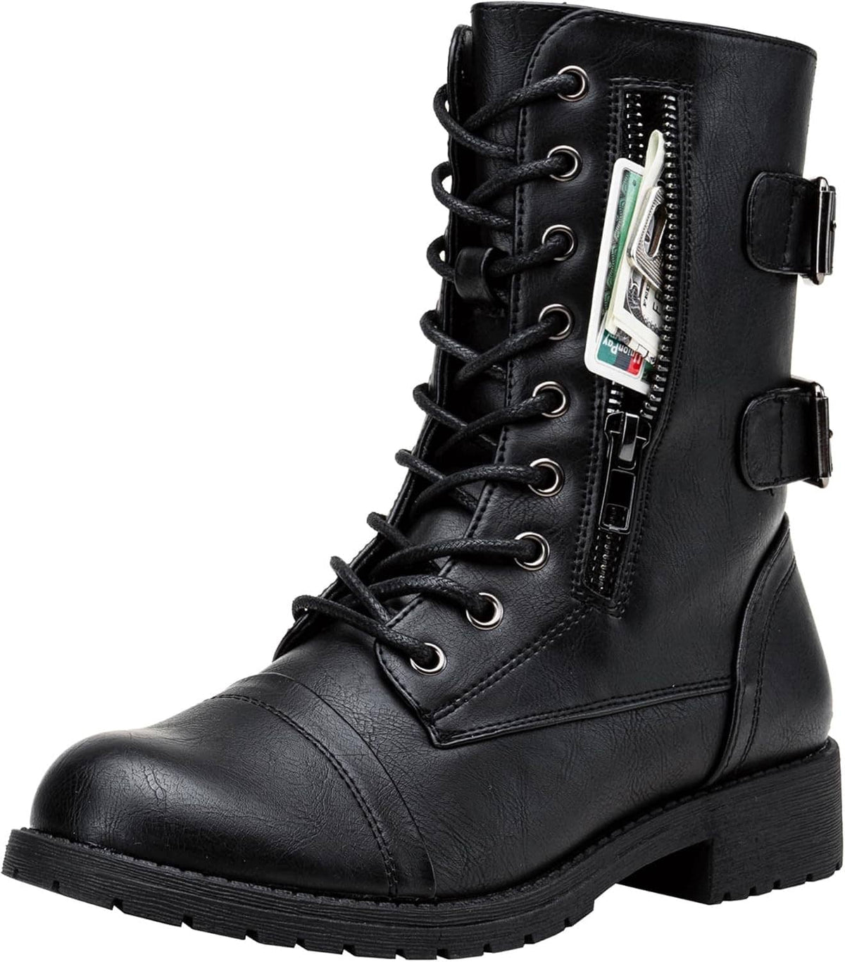 Black mid-calf lace-up combat boots with side zipper pocket and buckle straps