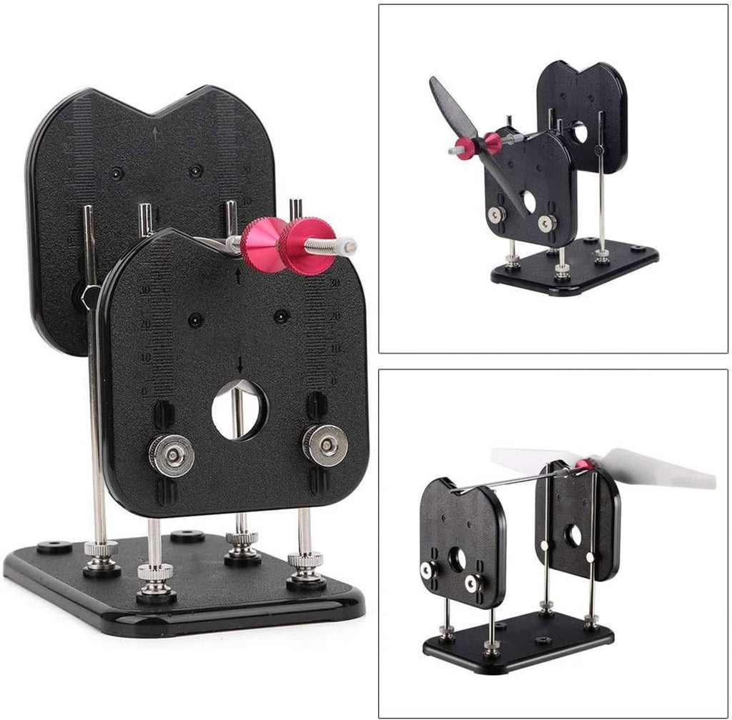 RC prop balancer stand front view with black prop holders, pink hub, and metal legs