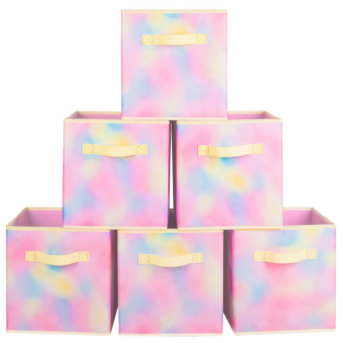 Set of 6 foldable fabric storage cubes with pastel chromatic tie-dye pattern