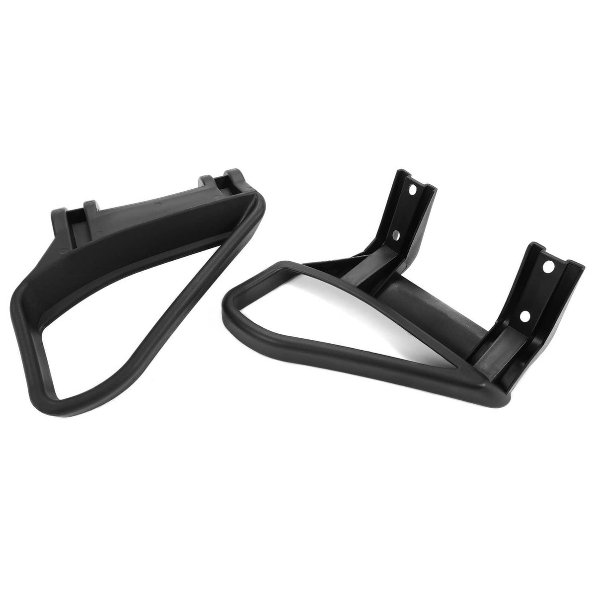 Two black armrest/handle bracket frames with mounting plates and bolt holes