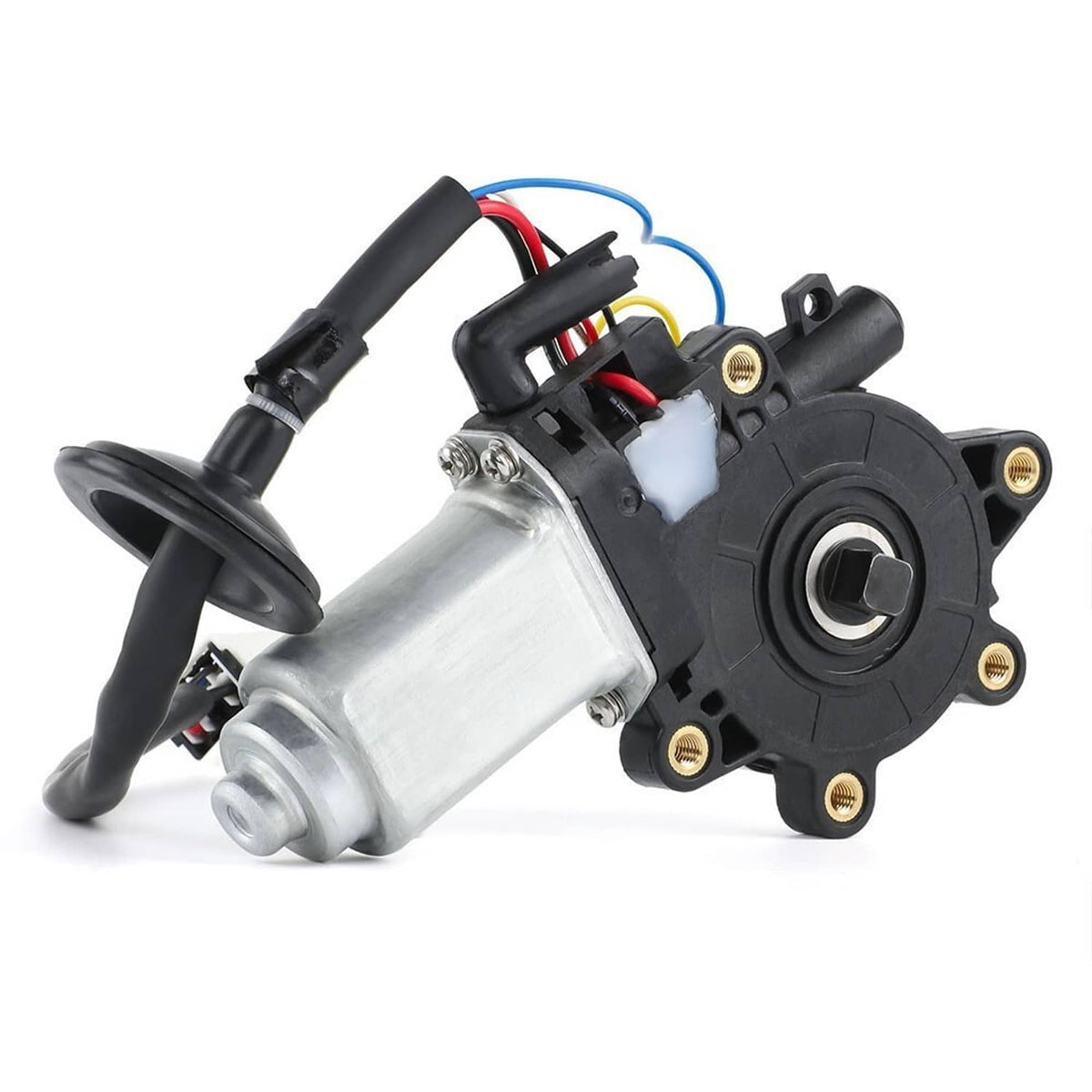Front window motor assembly with black motor body, metal actuator cylinder, and wiring