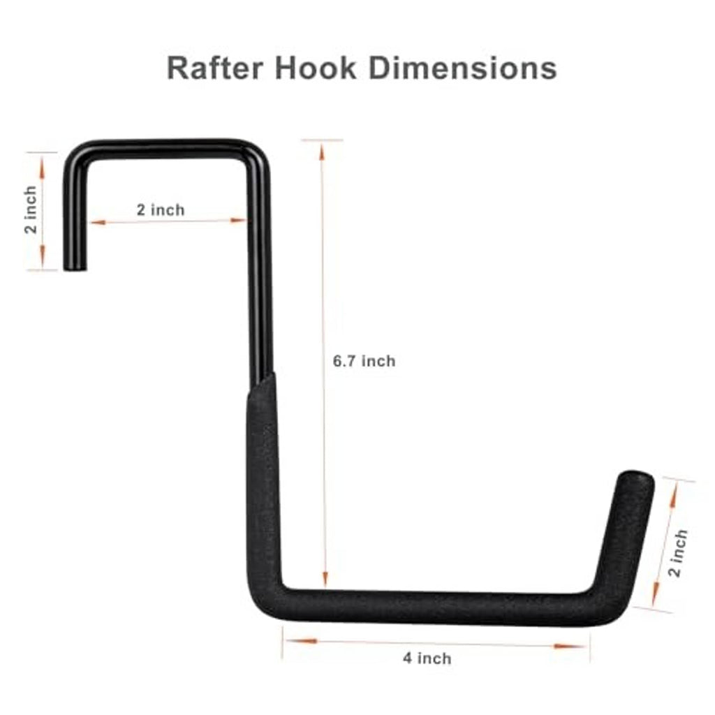 Black U-shaped rafter hook with labeled dimensions for secure 2 in rafter fit