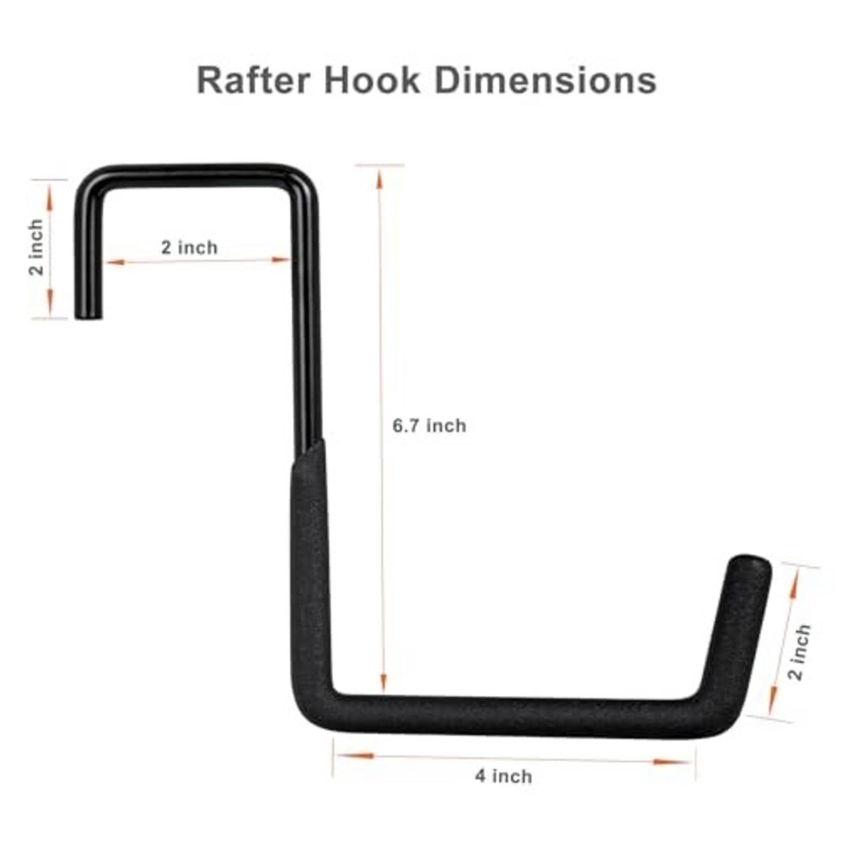 Black U-shaped rafter hook with labeled dimensions for secure 2 in rafter fit