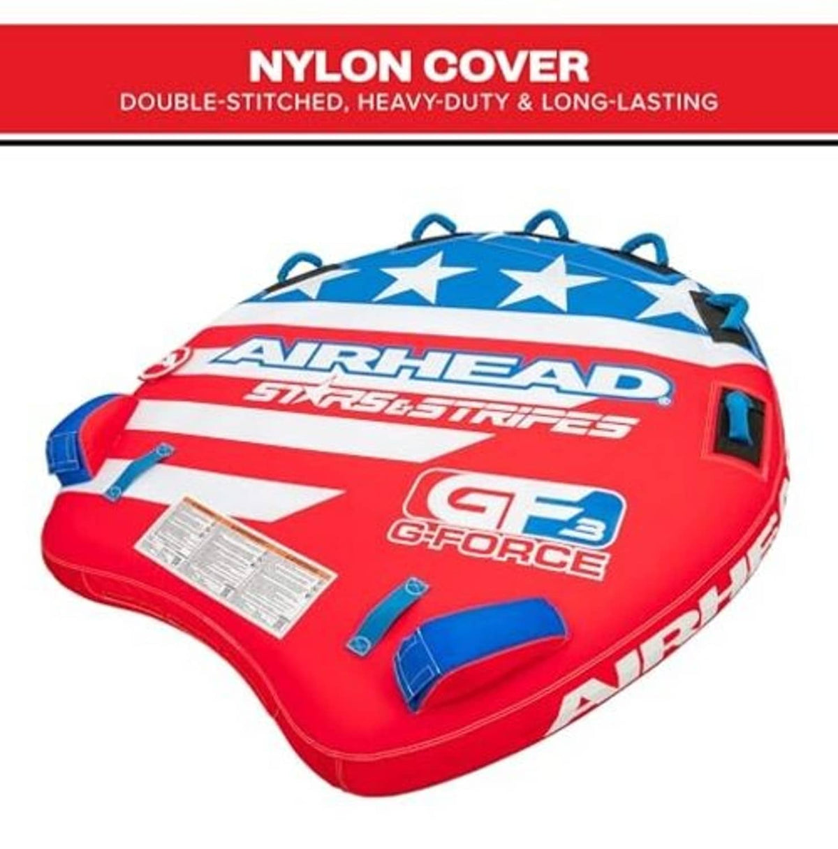 Inflatable towable tube with nylon cover, red-and-blue stars-and-stripes and rope loops