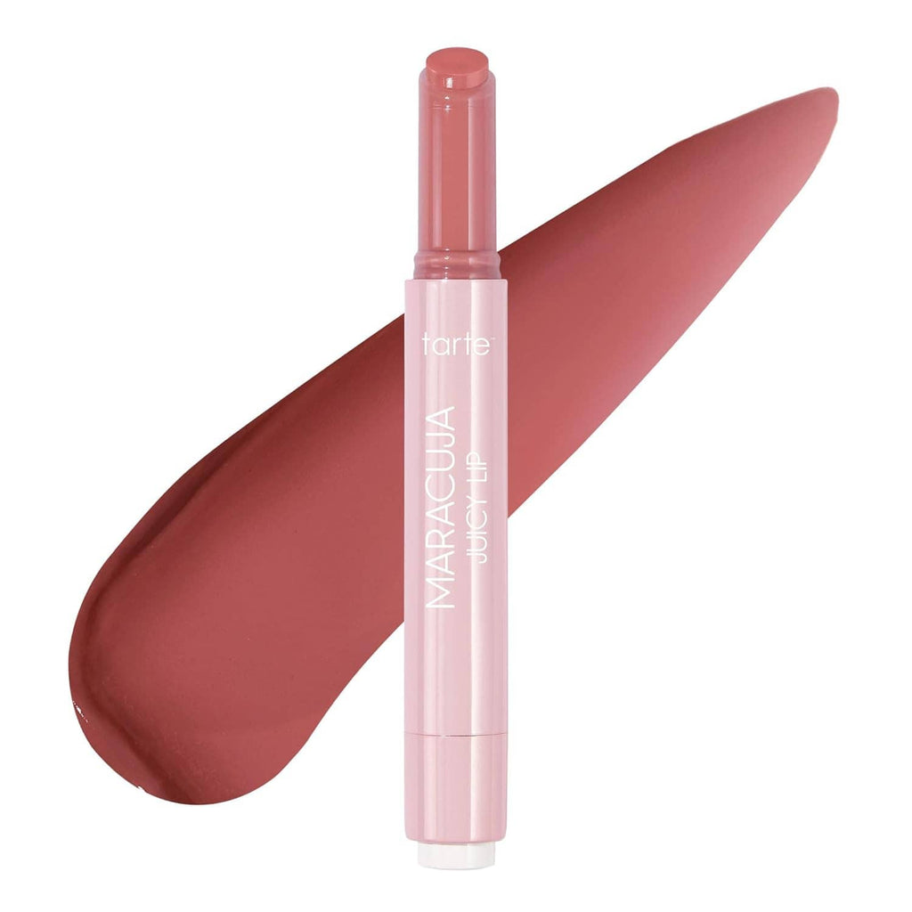 Maracuja juicy lip balm gloss applicator with deep rose-mauve tinted balm swatch