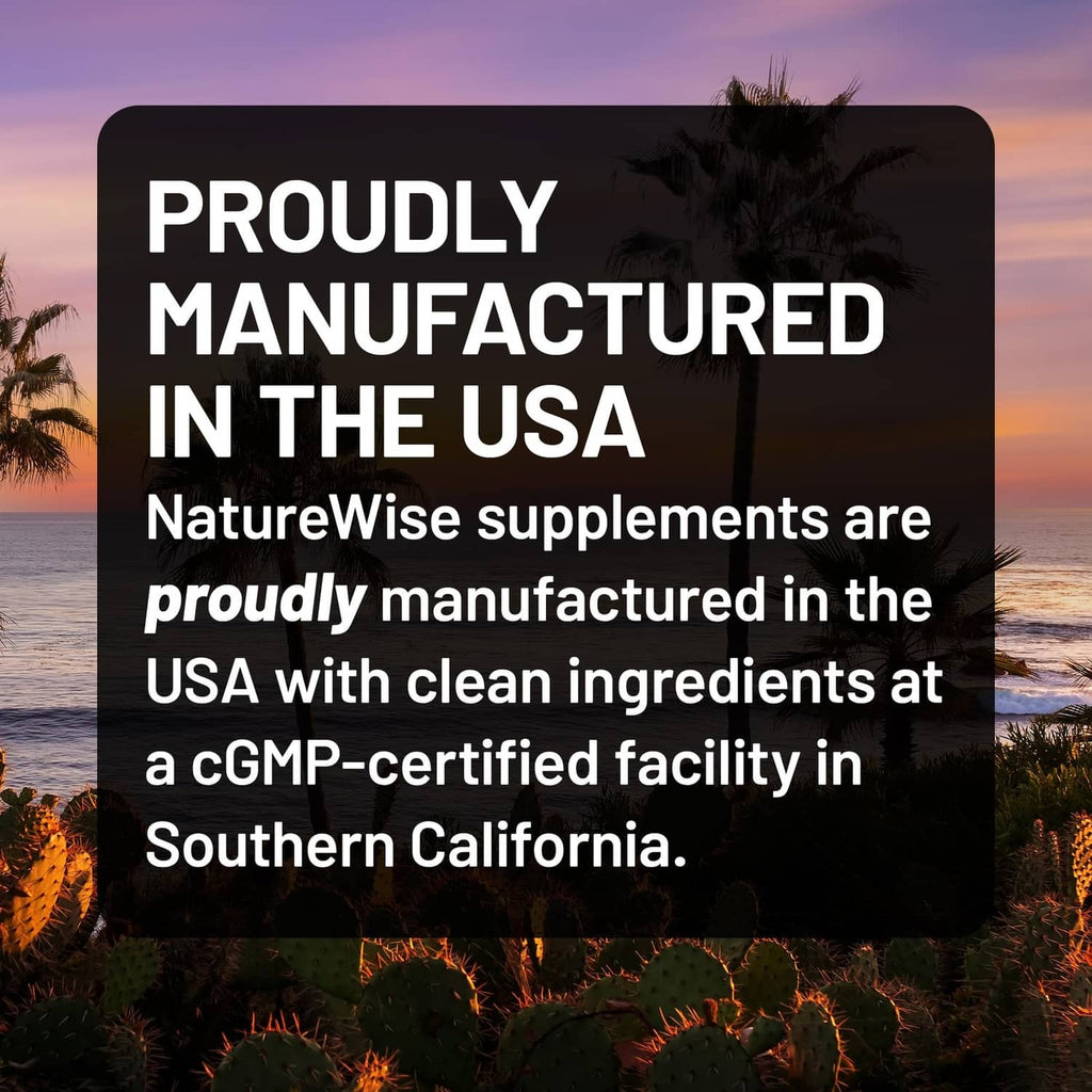 Proudly manufactured in the USA NatureWise turmeric curcumin supplement information panel
