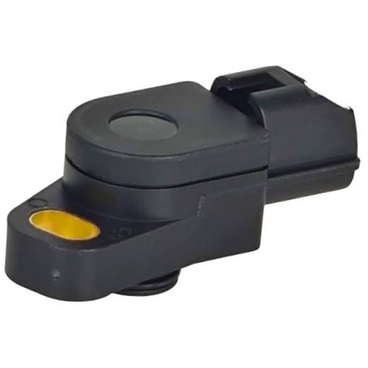 Throttle position sensor with black housing and yellow indicator window, front view