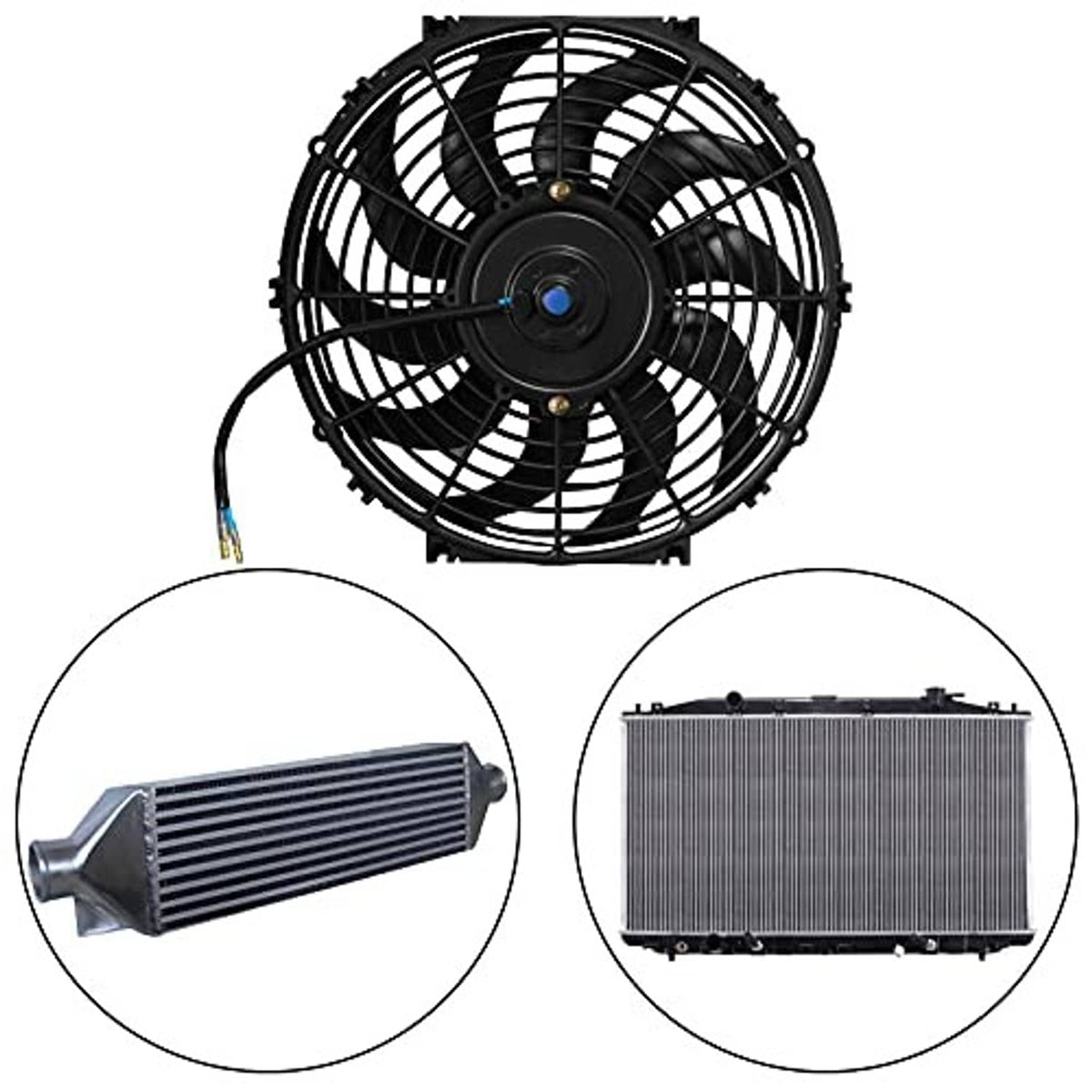 Automotive cooling fan kit with black fan and separate radiator heat exchanger units