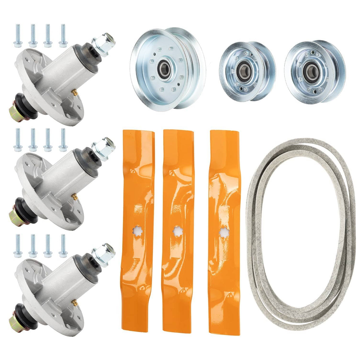 Deck spindle kit with pulleys, orange belts, and gray drive belt ring