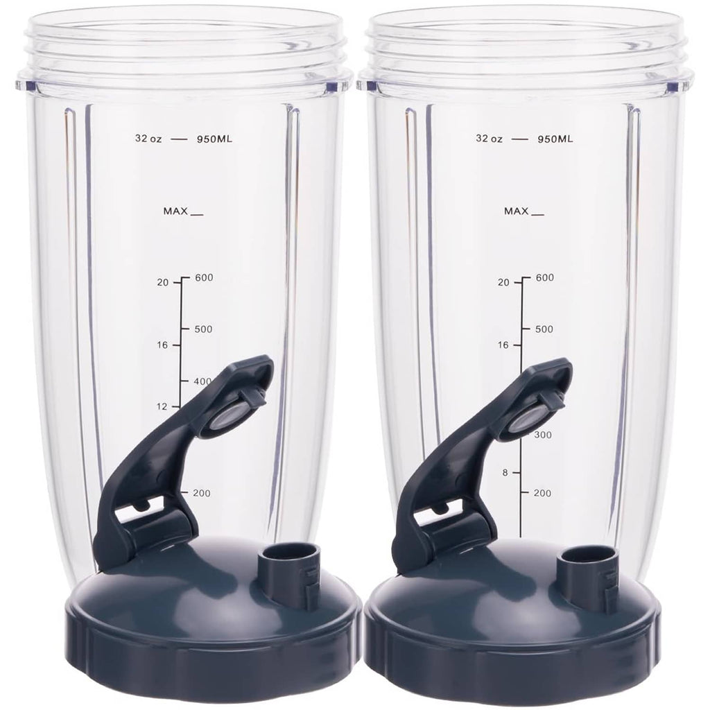 Pair of clear 32 oz blender cups with black flip-top to-go lid and straw cap