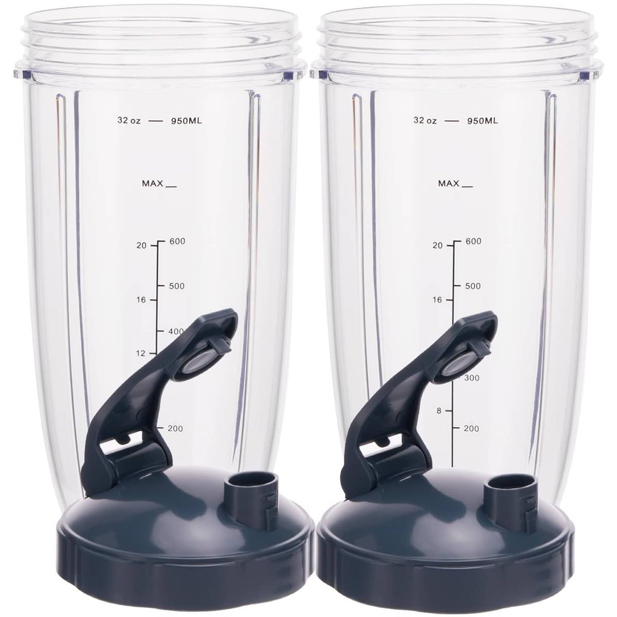 Pair of clear 32 oz blender cups with black flip-top to-go lid and straw cap