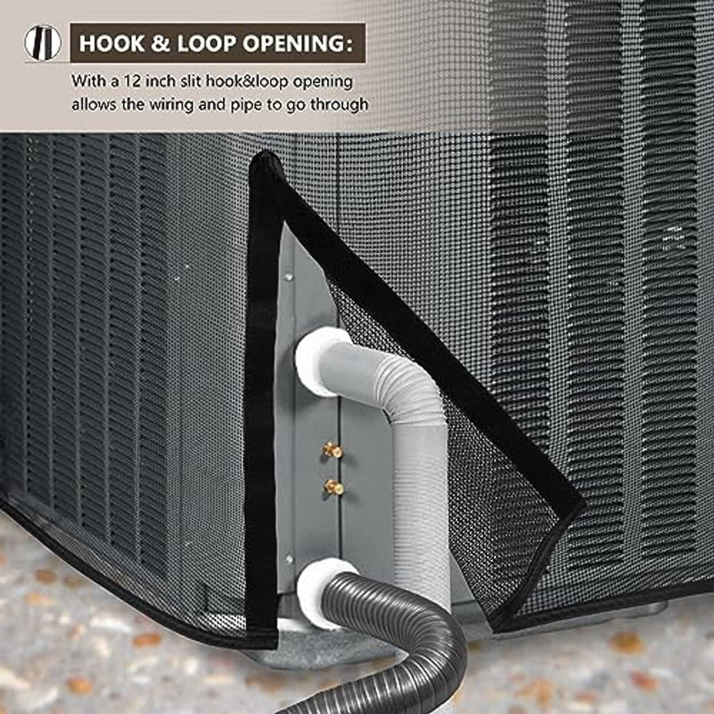 Square air conditioner cover with side hook-and-loop opening and vent pass-through