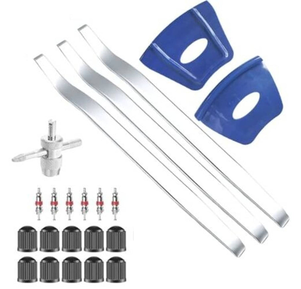 Curved tire lever set with two blue holders and two chrome spoon pry bars