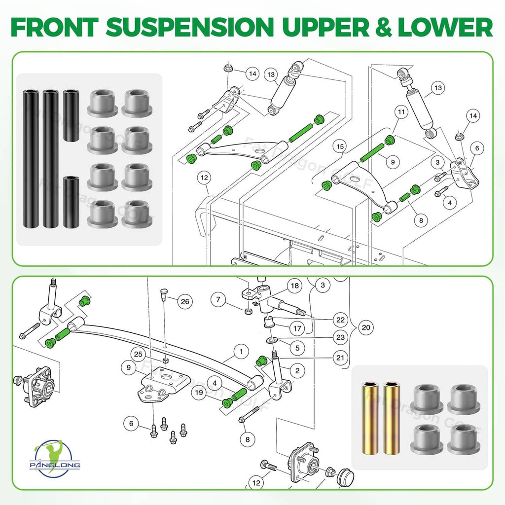 Front suspension installation diagram with black and gray bushings and metal sleeves