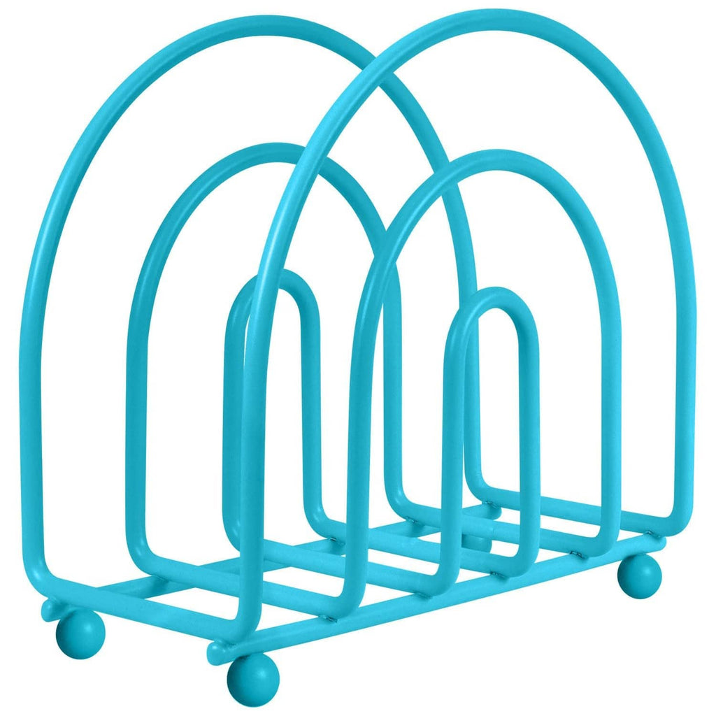 Turquoise arc metal napkin holder with rounded feet and open front for napkins.