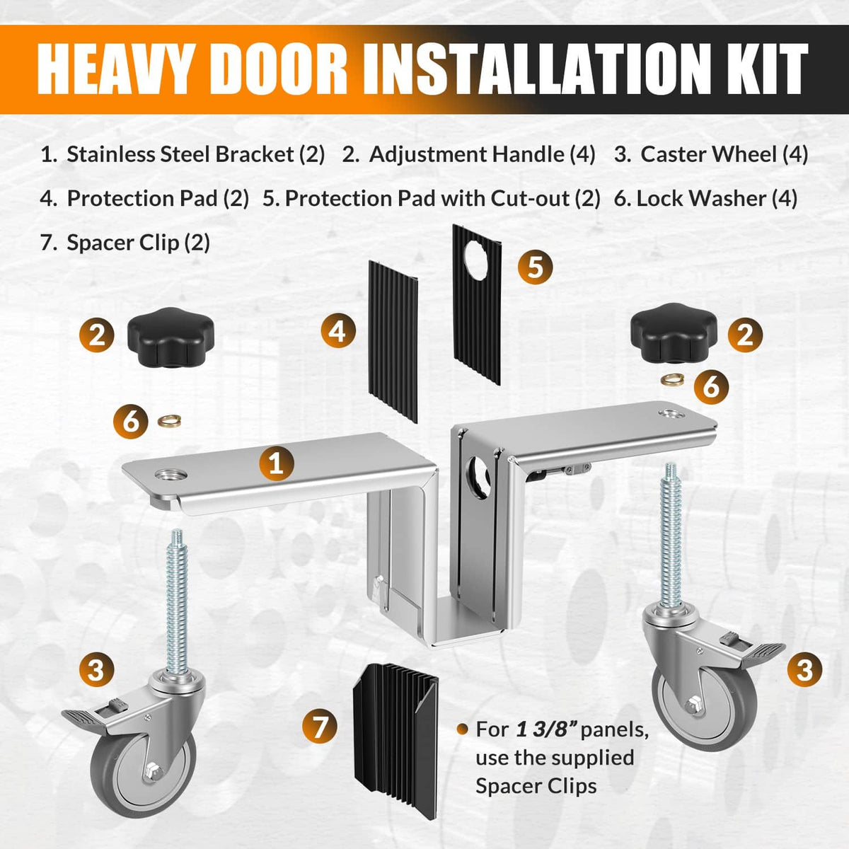 Heavy door installation hardware kit components with steel brackets, protection pads, spacers